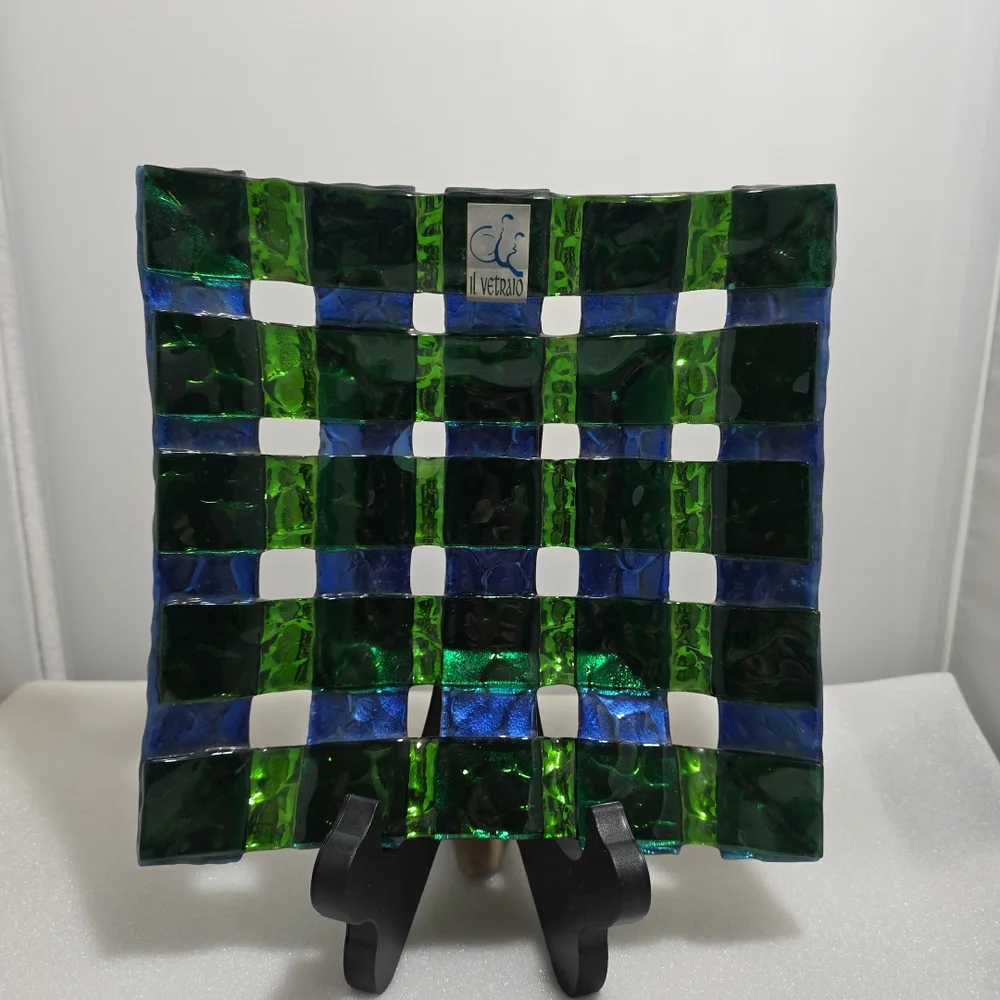 Il Vetraio Italy Fused Art Glass Plate Bowl 7.5” Green Blue Checkered (OT)